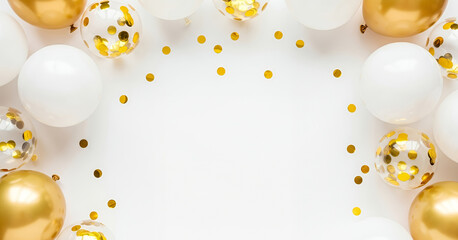 Birthday background with white and gold balloons and scattered confetti forming a festive frame on a clean white backdrop, perfect for banner layouts or party invites.