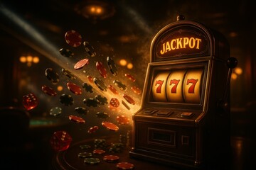 3d casino slot machine neon lights with flying chips and dice, gambling concept, showing winner combination of triple sevens in casino gambling game
