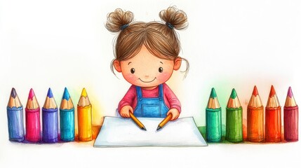 A cheerful girl with pigtails is drawing on paper, surrounded by colorful crayons, showcasing creativity and playfulness.