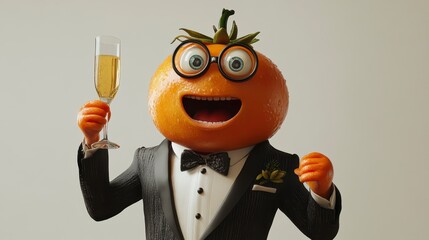 A cheerful cartoonish orange character in a tuxedo holds a champagne glass, exuding a fun and celebratory vibe.