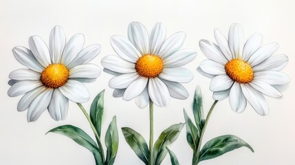 Three vibrant daisies with white petals and yellow centers, elegantly displayed against a soft background, showcasing their natural beauty.