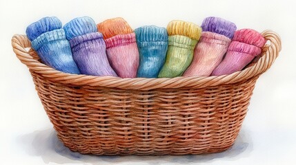 A colorful basket filled with neatly arranged, knitted socks showcasing a variety of pastel shades in a cozy, artistic style.