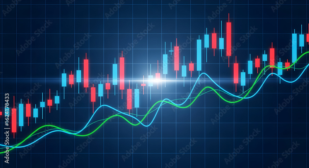 Poster dynamic stock market graph with candlesticks and moving averages against a deep blue backdrop