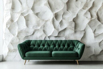 Green sofa with decorative folds positioned against a white wall with stone wall decor. Minimalist home interior design for a modern living room, Generative AI