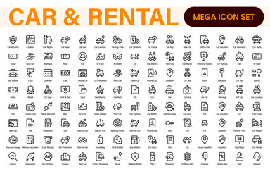 Car and rental icons in modern thin line style. Covers vehicle hire, transport services, road trips, navigation, fuel, maintenance, and car-related logistics.