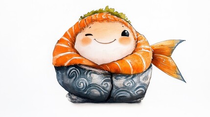 A cute, cartoonish sushi character with a smiling face, wrapped in salmon and sitting in a decorative rice base, conveying a playful and friendly vibe.