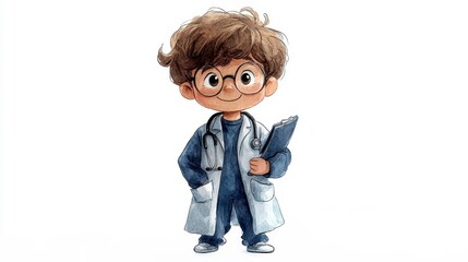 A cute, illustrated boy wearing a doctor"s coat and glasses, holding a clipboard, embodying a young aspiring medical professional.