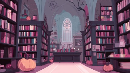 Enchanting Library Interior: A mysterious library interior, bathed in an evocative atmosphere of soft lighting, creates a world of endless knowledge and hidden wonders.