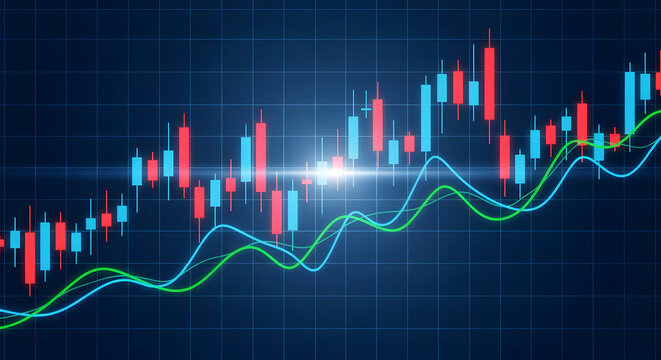 Dynamic Stock Market Graph with Candlesticks and Moving Averages Against a Deep Blue Backdrop