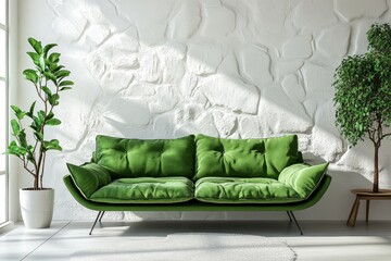 Green sofa with decorative folds positioned against a white wall with stone wall decor. Minimalist home interior design for a modern living room, Generative AI