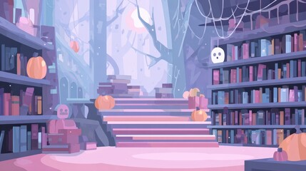 Enchanted Library: An inviting, softly-lit library decorated with whimsical details like pumpkins, and a moonlit, surreal backdrop, inviting a sense of mystery and imagination.