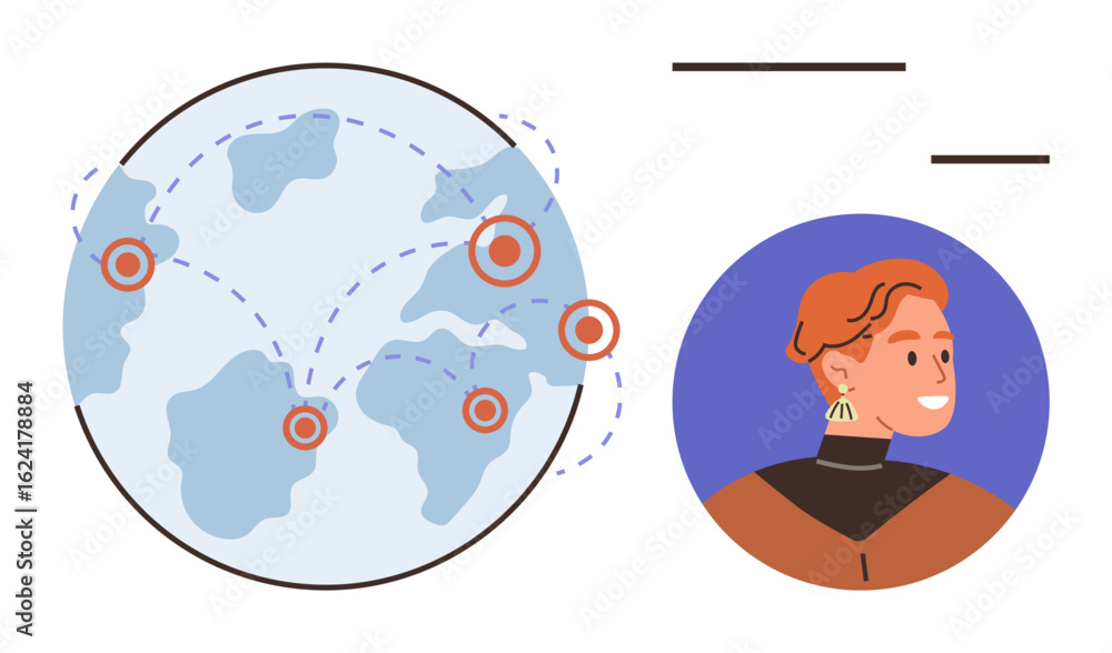 Poster person profile alongside a world map marked with interconnected locations. ideal for communication, 