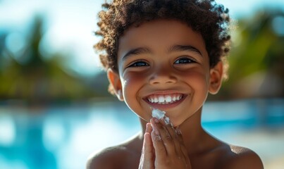 Happy young mixed-race child rubbing sun cream on their cheeks. Smiling Black boy applying sun protection face lotion outside on summer vacation, Generative AI