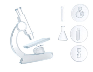 White Microscope Laboratory Equipment And Science Icons On Black Background With Transparent Features