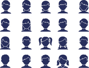 Silhouettes of diverse children with different hairstyles, gender neutral vector profiles, educational icons, perfect for classroom and design projects