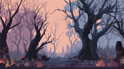 Enchanted Forest: A serene landscape depicts silhouettes of bare trees against a soft, colorful sky, creating a mood of mystery and tranquility.