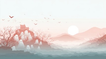 Spooky Hilltop Gathering: A misty, dreamlike illustration captures a whimsical scene with ghostly figures gathering on a hilltop, set against a sunrise sky.