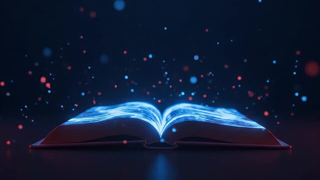 Open book with glowing pages and floating particles for educational technology concepts