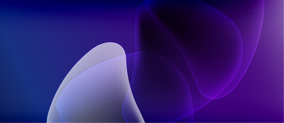 Abstract fluid shapes blend, creating luminous purple, blue gradients. Soft light illuminates flowing forms, evoking calm atmosphere.