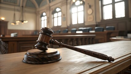 Wooden Gavel on Judge’s Bench in Courtroom with Sunlight Through Windows – Justice and Law Concept
