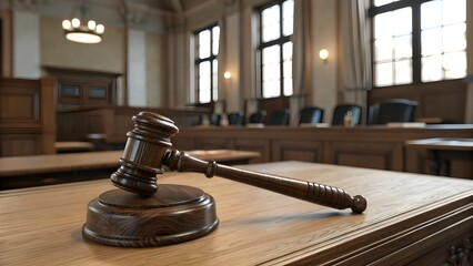 Wooden Gavel on Judge’s Bench in Courtroom with Sunlight Through Windows – Justice and Law Concept
