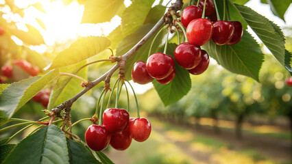 Cherry on tree in garden, Cherry hanging tree in natural warm sunlight background