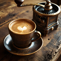 Cup of coffee with an old grinder