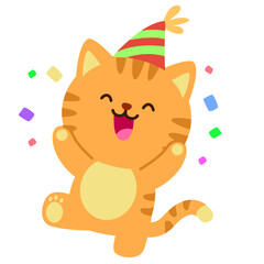 2d  Joyful cartoon cat wearing a party hat and surrounded by confetti, expressing celebration and happiness for festive occasions.

