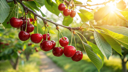 Cherry hanging on tree in garden, cherry on tree in natural warm sunlight view