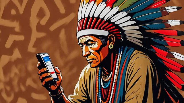 An illustration of a Native American chief in traditional regalia intently using a modern smartphone