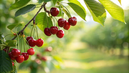 Cherry hanging on tree branch in garden, Cherry on tree in natural warm sunlight background