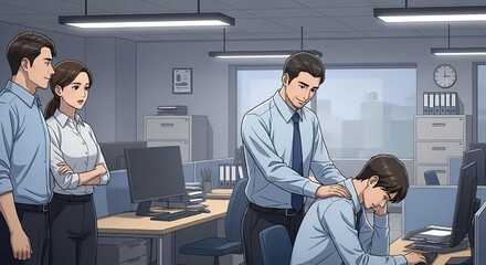 Empathetic manager offering comfort and support to a stressed employee experiencing burnout in the office