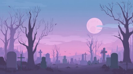 Spooky Cemetery Scene: A surreal, artistic depiction of a graveyard at dusk, filled with stark trees, crosses, and a mystical moon. A scene that evokes mystery and the passage of time.