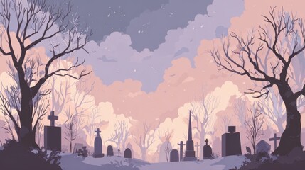 Serene Cemetery at Dusk: A tranquil scene unfolds at dusk in a quiet cemetery, with bare trees silhouetted against a pastel sky, gravestones stand in solemn silence.