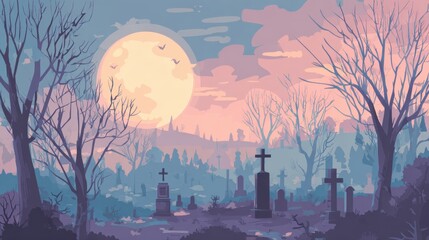 Midnight Graveyard: A serene and eerie scene unfolds in a pixel-perfect graveyard bathed in the glow of a full moon, evokes a feeling of melancholy.