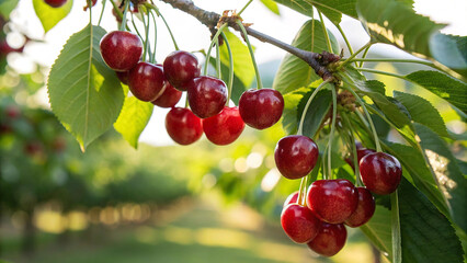 Cherries tree in garden in natural warm sunlight background