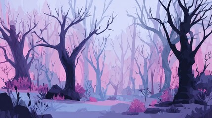 Mystical Forest: A fantastical and whimsical scene unfolds within a forest of bare trees and vibrant hues. The stylized trees and unique colors create a magical, otherworldly atmosphere.