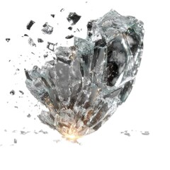 Glass shatter effect, pieces flying outward, transparent background.