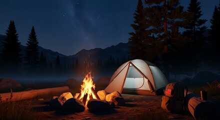 First person view of a solo camper enjoying a warm campfire by a tent in the mountains at night.