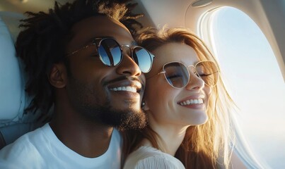 Happy interracial couple looking out of an airplane window on a plane flight to vacation getaway. Black man and white woman traveling together on honeymoon, Generative AI