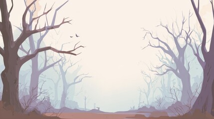 Mysterious forest view: An evocative illustration of bare trees in a fog-filled woodland scene, creating an atmosphere of mystery and intrigue, invites the viewer to explore.