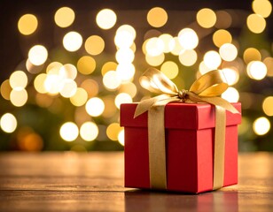 Red gift box with gold ribbon on wooden surface, bokeh lights