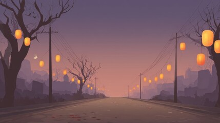 Evening Lanterns Road: A captivating street scene at dusk features soft glow of lanterns illuminate an empty road, creating a serene ambiance, drawing the eye towards the horizon.