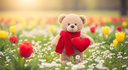 Cute Teddy Bear Holding Big Red Heart in Snowy Winter