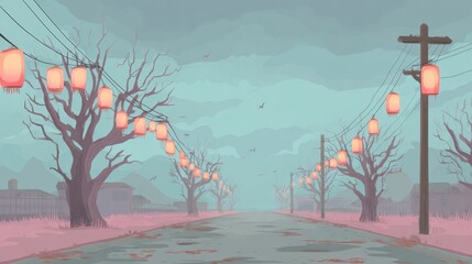 Serene Lantern-lit Avenue: An atmospheric illustration features a tranquil road, lined with trees adorned with soft glowing lanterns under a dusky sky.