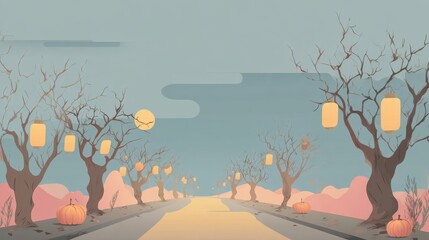 Halloween Road: A spooky scene with a path leading through a grove of bare trees, illuminated by lanterns and dotted with pumpkins under a full moon on a hazy, eerie night.