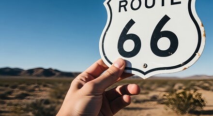 Hand holding a historic Highway 66 sign on a desert road trip through the American Southwest with mountains in the background