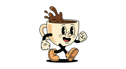 Dancing coffee cup character with splashy hot beverage and energetic movement