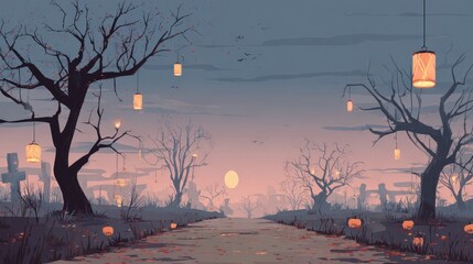 Spooky Night at Graveyard: A surreal scene unfolds beneath a dusky twilight sky. Bare trees, adorned with floating lanterns, line a pathway leading to a haunting graveyard, illuminated by a soft.