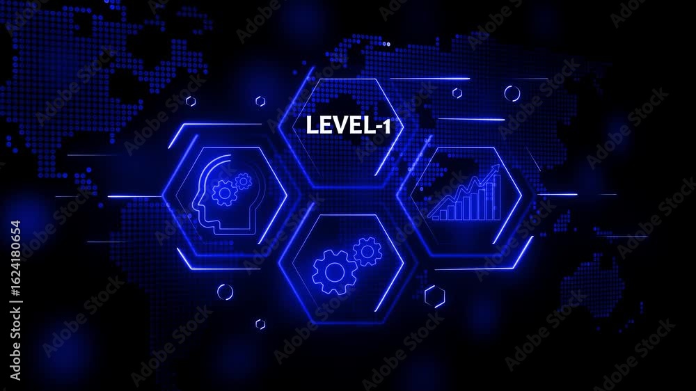 Poster technology business managements. glowing neon text level-1 with alpha channel. technology and networ